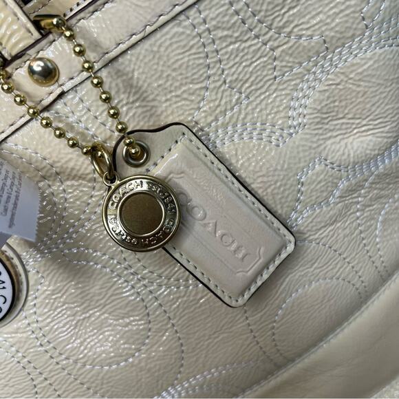 NWT Coach Signature Patent Leather Stitched Stripe Small Tote Butter Cream - Picture 5 of 10